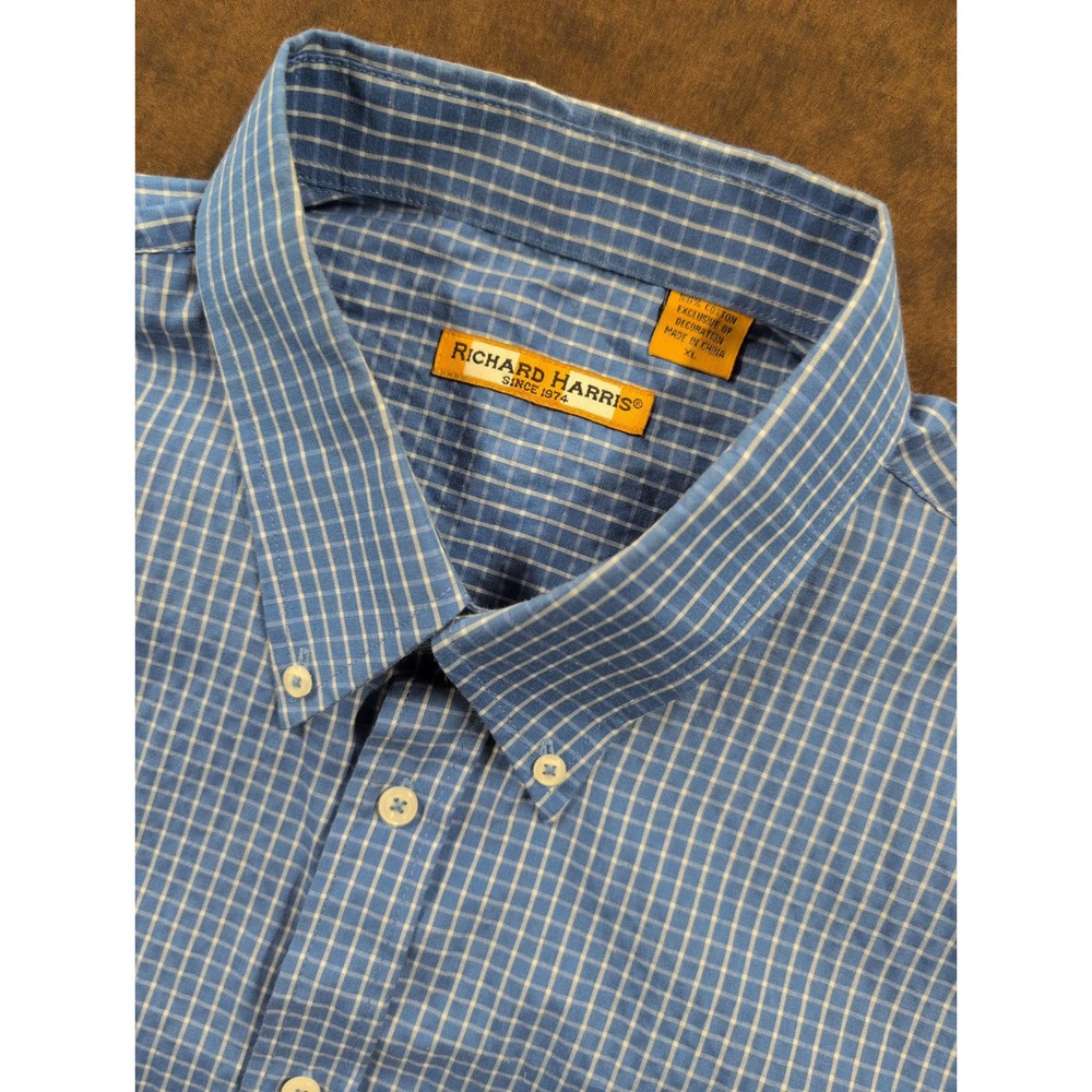 Richard Harris‎ Mens XL Blue White Grid Cotton Long Sleeve Button Down Shirt